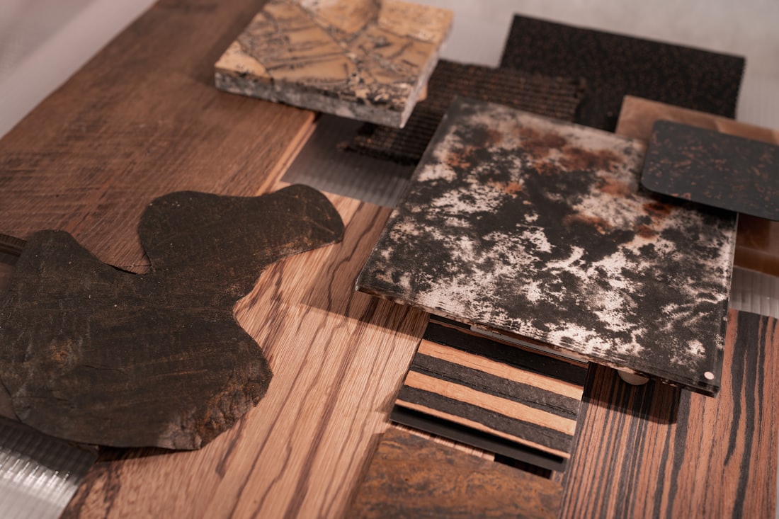 Flooring samples laid out on a table